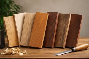 Selection of hardwood planks including oak, walnut, maple, cherry, and mahogany displayed side by side for custom door and millwork design inspiration.