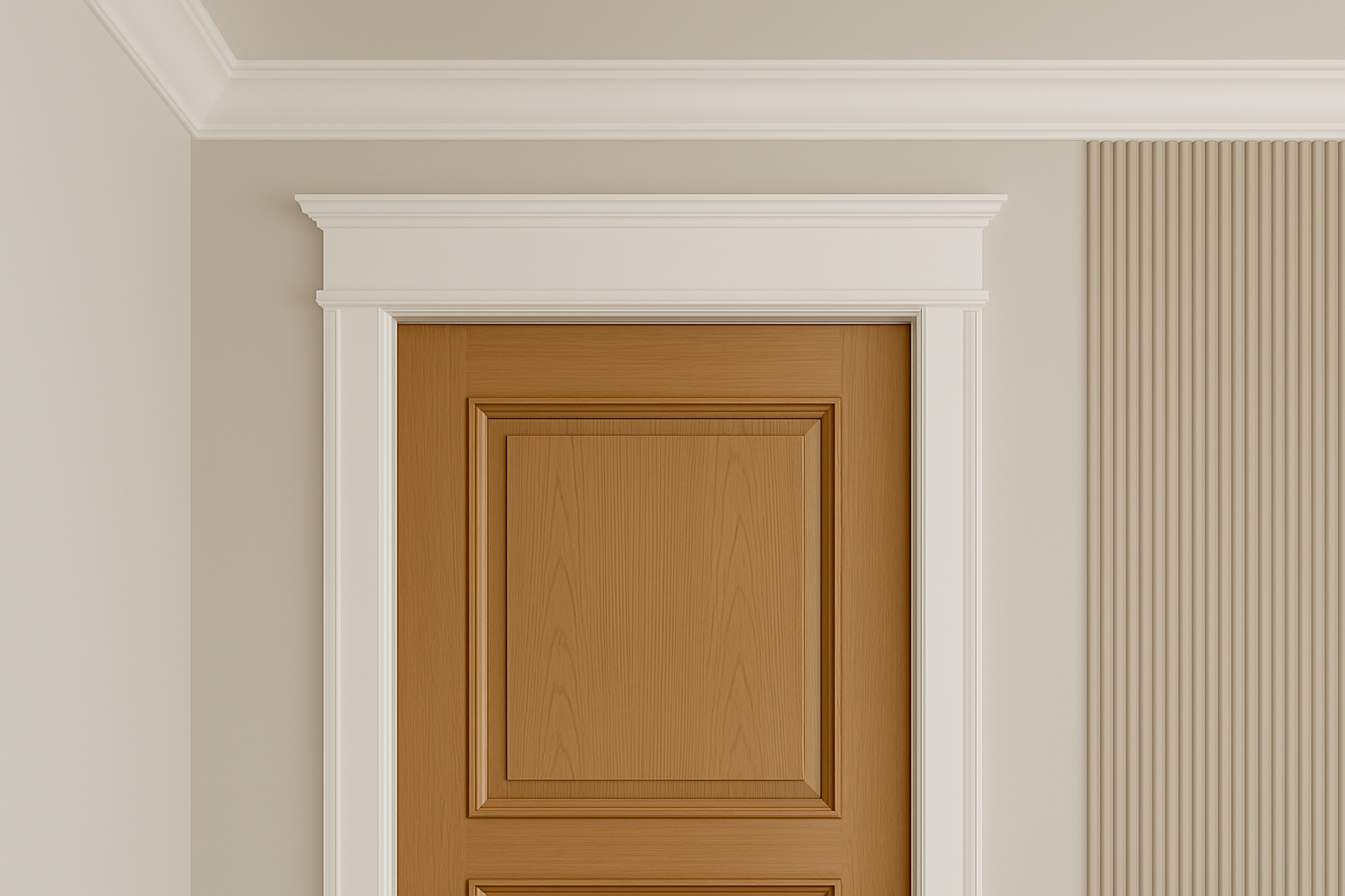 Interior view of a modern home featuring a wooden door framed with white crown moulding and matching baseboards, showcasing elegant millwork details and warm neutral tones.