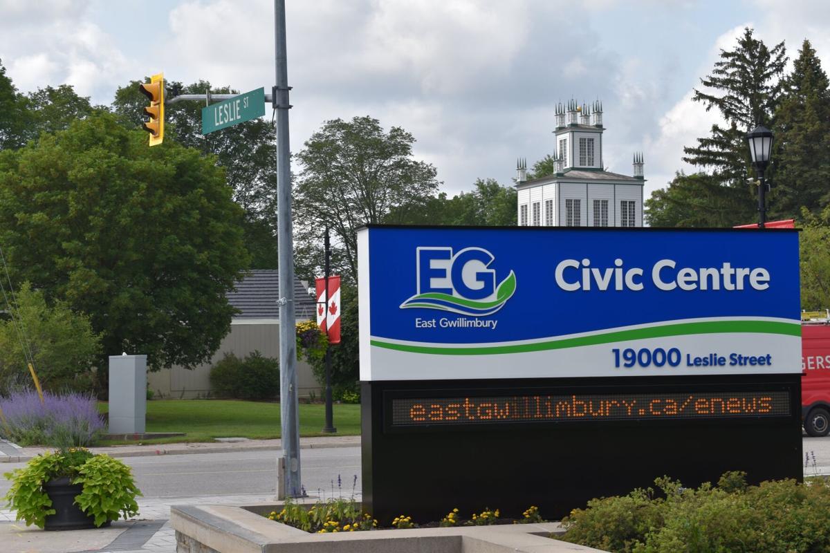 East Gwillimbury Civic Centre sign at the intersection of Leslie Street, featuring the EG logo, Canadian flags, and the historic Sharon Temple in the background on a partly cloudy day.