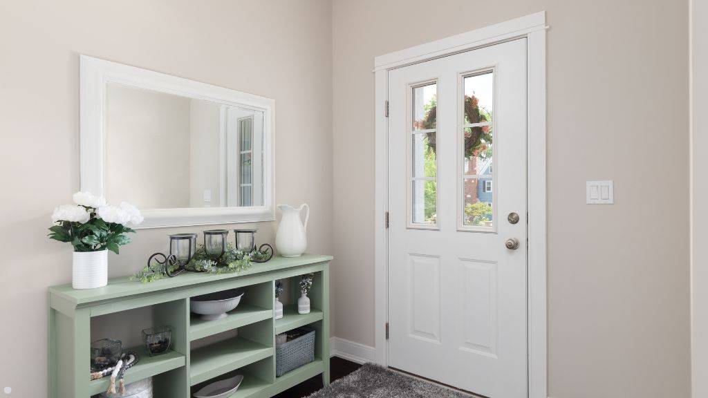 decorative glass front door in fall light